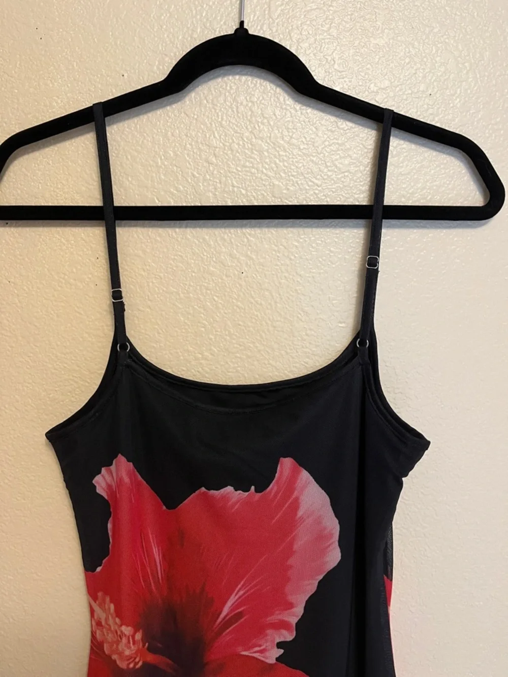 Black Maxi Slip Dress with Bold Red Hibiscus Print - Picture 3 of 4